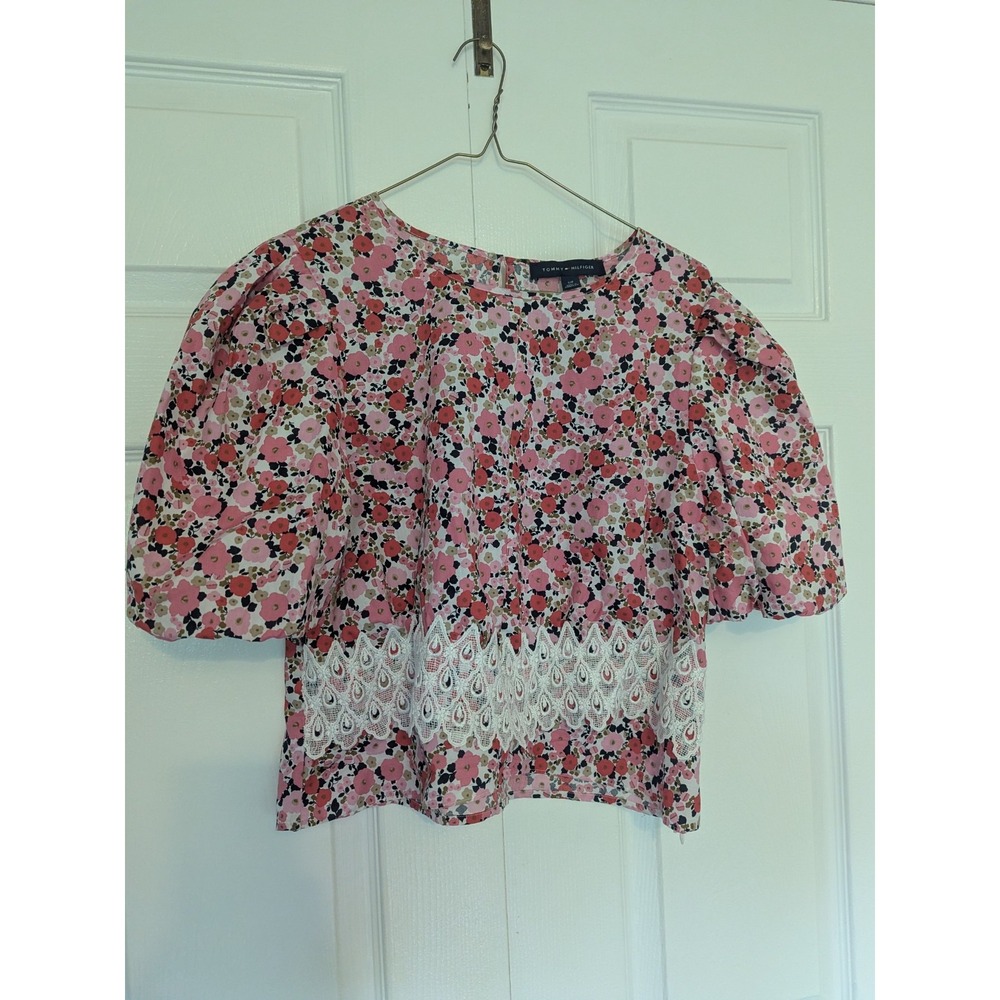 Women's Tommy Hilfiger Pink Floral Top Shirt Puff Sleeves Size S *Modified*